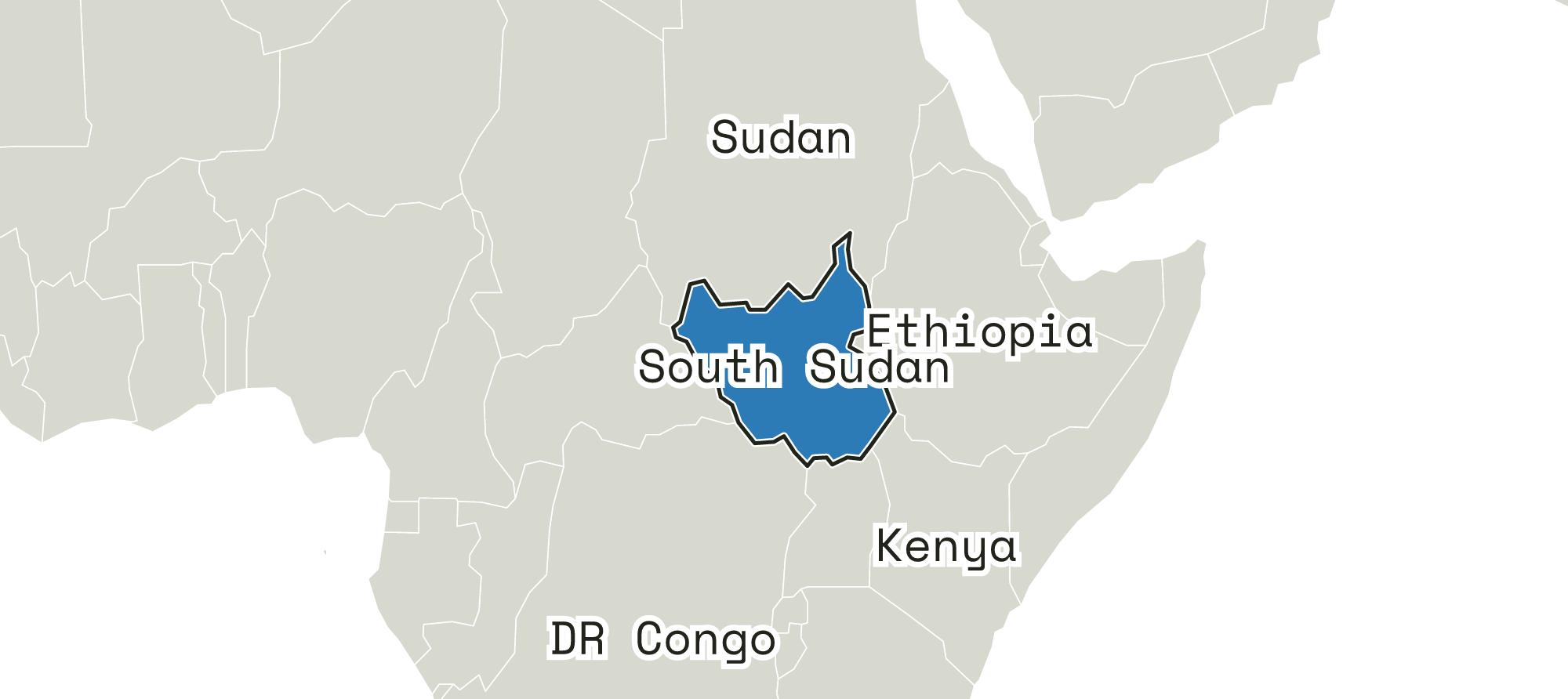 Close-up map of South Sudan and the area around it